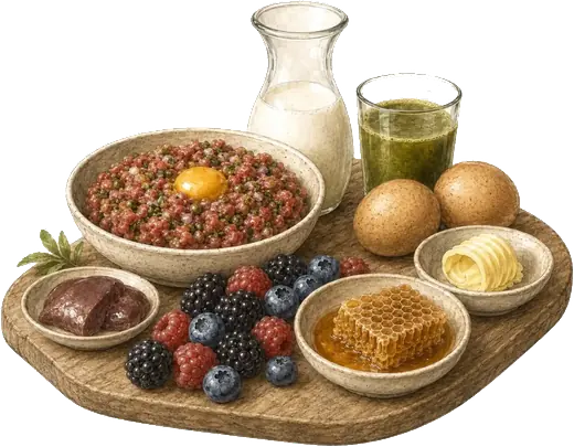 A board of primal foods: raw beef tartare with egg yolk, raw milk, green vegetable juice, eggs, butter, liver, berries, and honeycomb