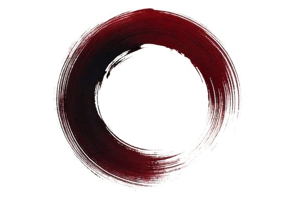 Brushwork enso in blood red on parchment