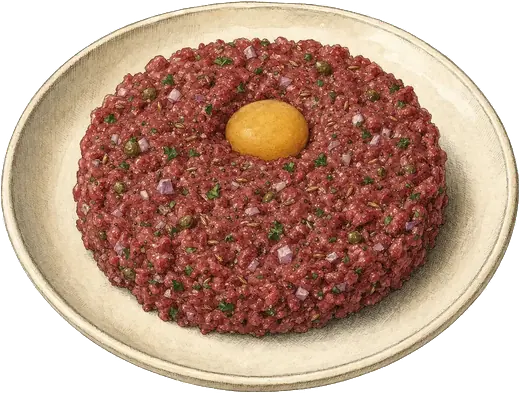 A plate of steak tartare topped with a raw egg yolk